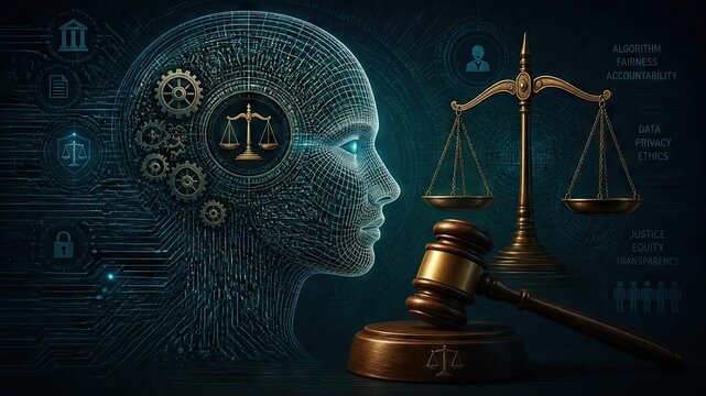 Digital illustration of a human head in profile composed of glowing blue circuit patterns and gears integrated with scales of justice and wooden gavel against dark technological background with locks 
