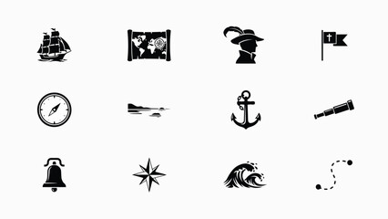 Fototapeta premium Historical maritime exploration icon set with ship map nautical tools and navigation signs.