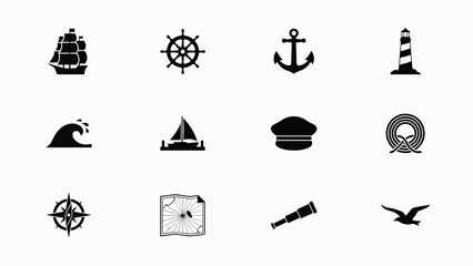 Sailing and maritime symbols ship wheel anchor lighthouse wave boat captain rope compass map telescope bird. © Rahul