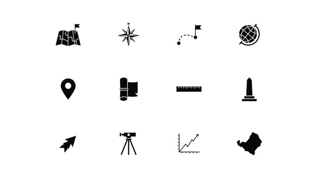 Cartography and surveying tools icons set featuring globes maps measuring instruments gear.