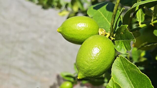 Pair of fresh green lemons growing on a branch with copy space.