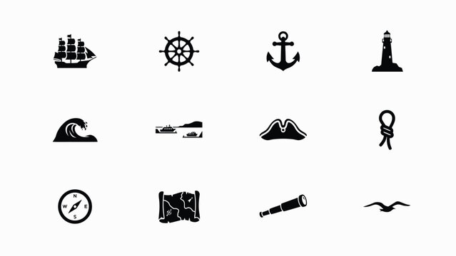 Maritime adventure icons ship wheel anchor lighthouse wave boats hat rope compass map telescope bird.