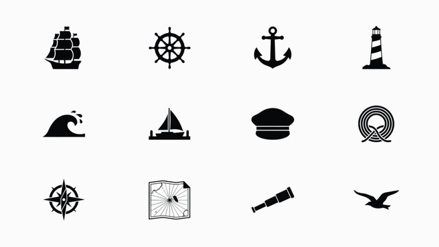 Sailing and maritime symbols ship wheel anchor lighthouse wave boat captain rope compass map telescope bird.