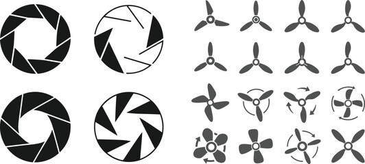 Camera lens aperture diaphragm symbols and propeller fan icons set isolated on white background vector collection © MdTohidul