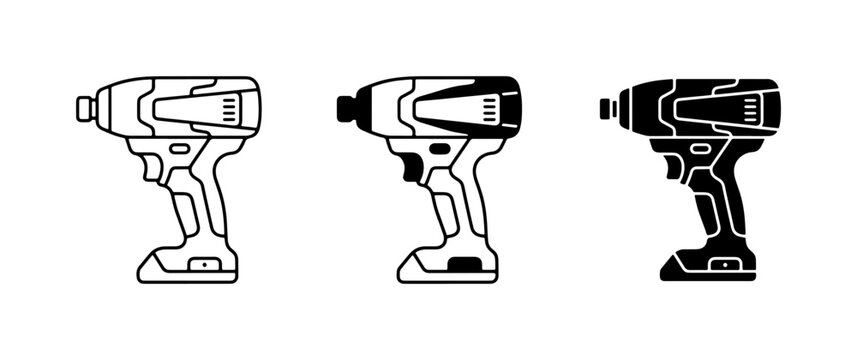Impact Driver Icons, Power Tool Set, Cordless Drill Vector Graphics
