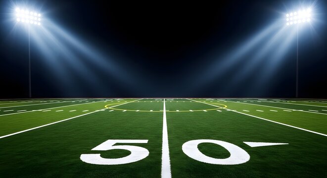 American football field with yard lines and stadium lighting game day preparation