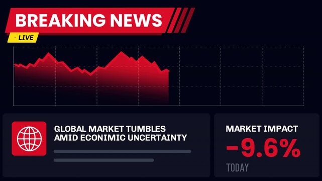 Financial news dashboard animation featuring a falling stock market chart, breaking news banner, economic uncertainty headline, and negative market impact indicators.