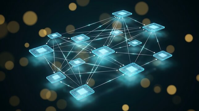 Complex blockchain network decentralized structure nodes connected by lines glowing blue with bokeh background.