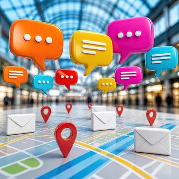 Colorful 3D speech bubbles and chat icons float above a city map with red location pins and white envelopes, set against a blurred shopping mall background
