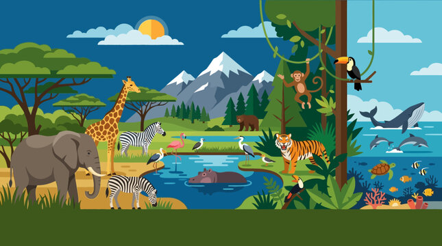 Wildlife animals in natural habitat scene.
