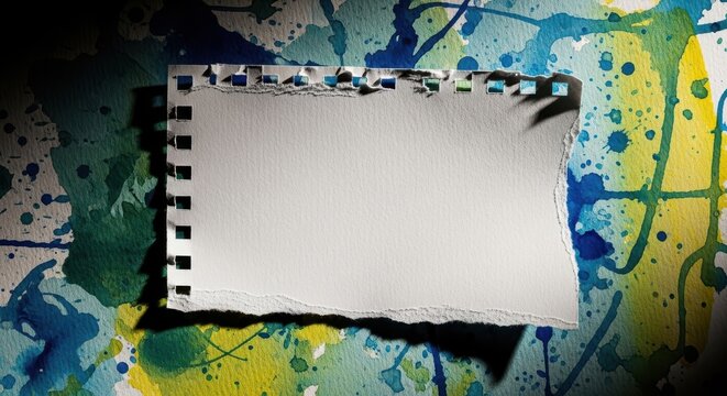 Torn deckle edged watercolor paper on abstract paint splatter background with spiral binding