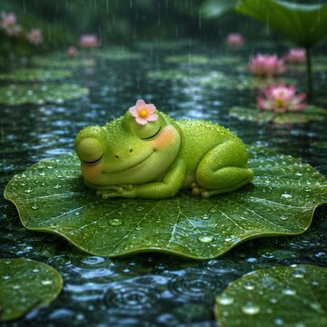 Cute frog sleeping on a lotus leaf in the rain