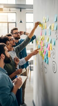 Team brainstorming with colorful sticky notes on whiteboard