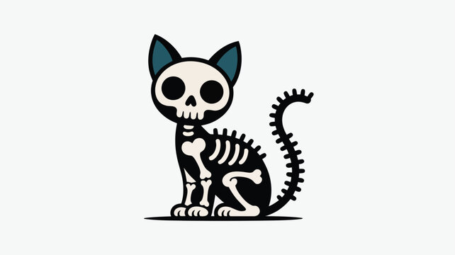 Adorable cartoon black skeleton cat with a white skull design sitting upright