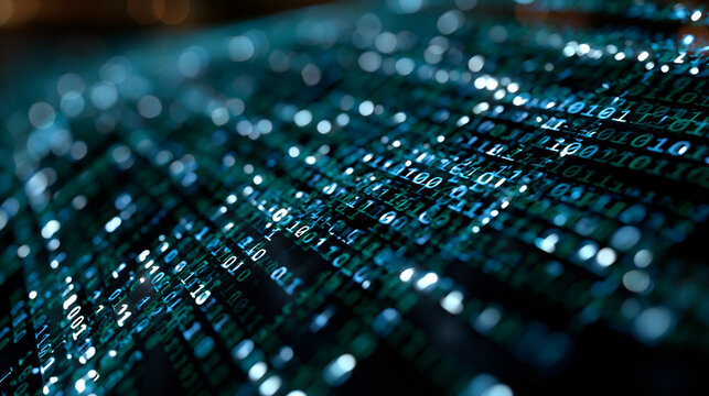 Binary code dark background with cascading monospaced digit streams layered at varying opacities across a deep dimensional field under cool terminal-style illumination suited for cybersecurity edito