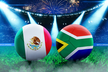 Naklejka premium Soccer balls with Mexico and South Africa flags on a green pitch of a stadium under bright spotlights and festive fireworks during a match opening ceremony. Competition and tournament concept.