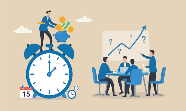 Long reminder,meeting together businessman on alarm clock put more dollar coin money to increase his savings