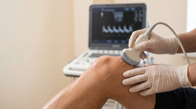 Medical Professional Performs Ultrasound Examination On Patient's Knee Joint Showing Internal Structures On Screen