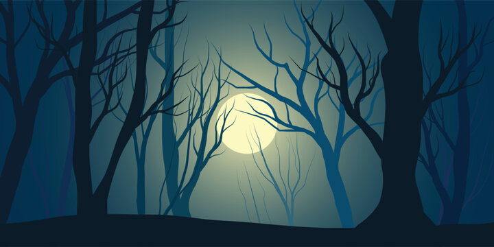 scary cartoon horror background featuring bare trees under moonlit night atmosphere