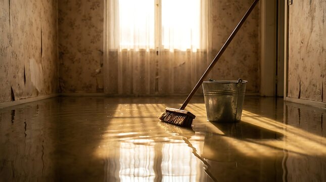 Metal bucket and wooden broom standing on flooded apartment floor reflecting sunlight through window in room with damaged wallpaper after heavy water damage event.