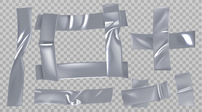 Duct tape sticker vector set with realistic plastic scotch strips and adhesive pieces. Grey torn textures on transparent background. Sticky labels and masking bands for vintage scrapbook duct design.