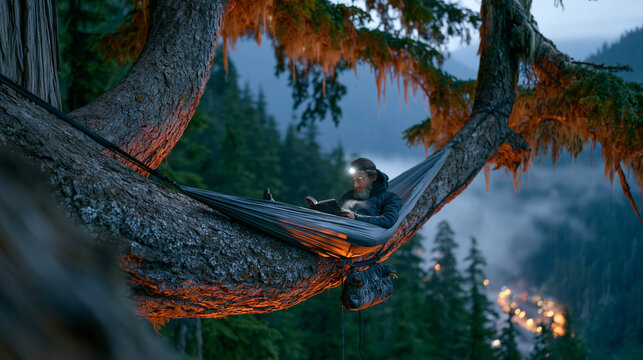 Highline camping setup in a remote forest canopy, hammock strung between two ancient cedars sixty feet up, gear bag hanging from a tether, evening mist rising from the valley below, solo camper read