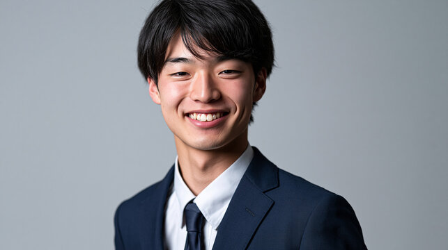 ネイビースーツで笑顔を見せるグレー背景の若い20代男性 | 誠実な表情