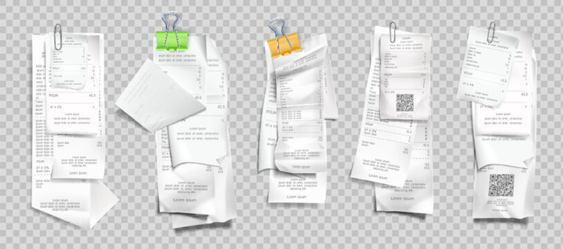 Paper receipt pile with 3d ticket mockup for shop purchase. Realistic long roll template of supermarket payment voucher. Isolated white check list design for grocery store cashier and fiscal order.