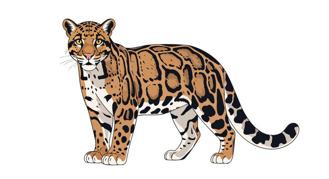 Clouded Leopard Illustration Standing Isolated on White Background Exotic Wild Cat Nature