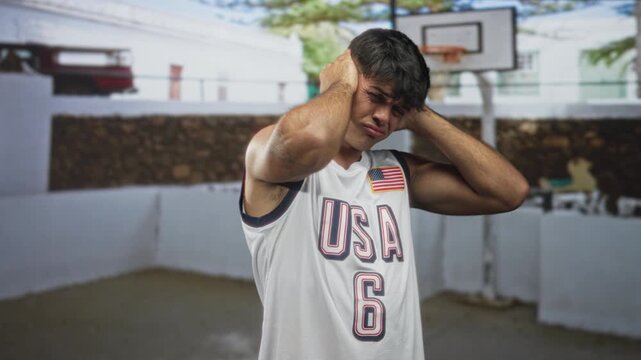 Man in usa basketball jersey covers ears with hands by a basketball hoop in a building courtyard; noise discomfort.