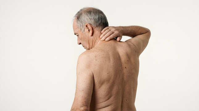 An older man with gray hair touches his painful neck while experiencing discomfort in his upper back and shoulders