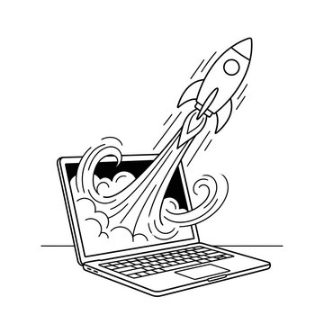 Futuristic Tech Startup Launch Illustration showing Rocket taking off from Laptop Screen