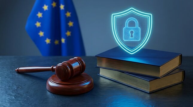 Wooden judicial gavel sitting on desk with law books and digital security shield icon representing european union data protection standards and legal compliance.