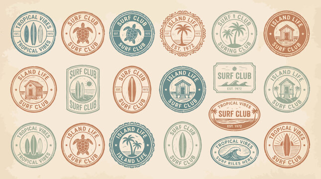 Vintage surf club and island life stamp collection featuring surfboards palm trees and sea turtles on rustic background, representing coastal branding, Symbolizing retro summer tourism