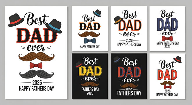 Funny Father's Day greeting card set with mustache and tie design on white background