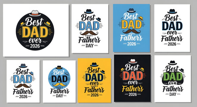 Colorful Father's Day greeting cards collection with retro badges and festive typography design