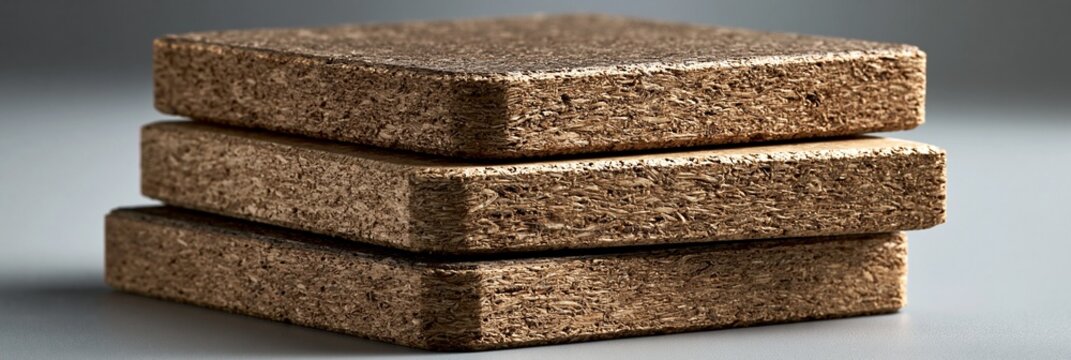 Isometric view of moistureresistant biobased lumber sheets focusing on layered textures with a subtle blurred background and ultraclean commercial style illuminated by highkey