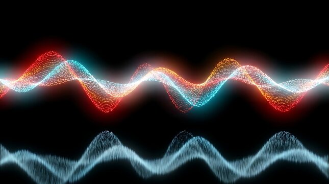 Abstract sound wave visualization red blue glowing particles animated futuristic digital data stream motion graphic element.