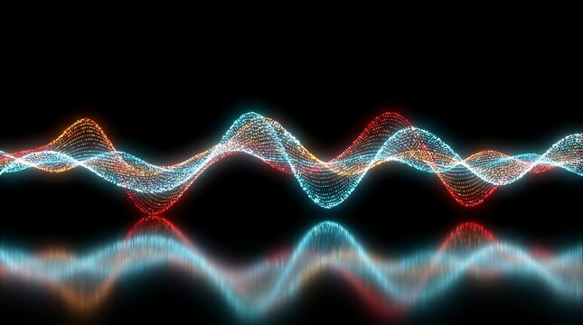 Abstract sound wave visualization red blue glowing particles animated futuristic digital data stream motion graphic element.