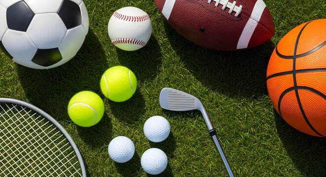 Sports equipment layout soccer baseball american football basketball tennis golf balls on grass