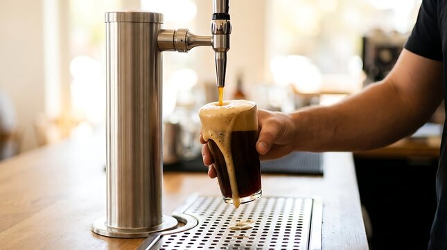 Pouring frothy dark beverage from tap into glass at counter, close up, motion blur, natural light.