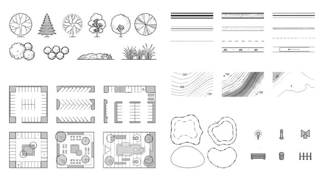 CAD Site Plan Symbols and Architectural Landscape Master Layout with Contour Lines Parking Grid and Tree Elevation Icons