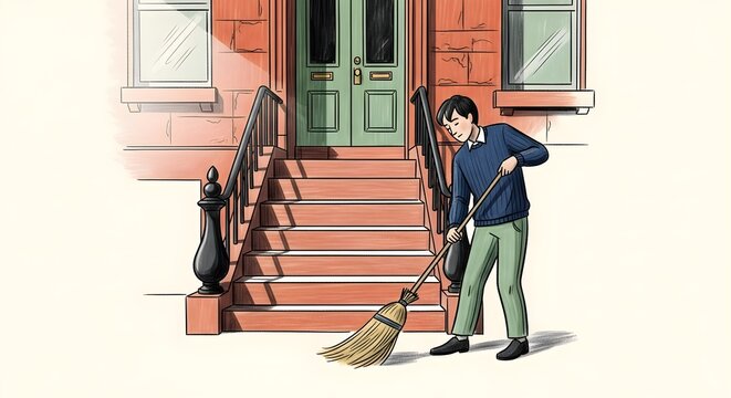 Man sweeping front steps of urban brownstone residence with broom.