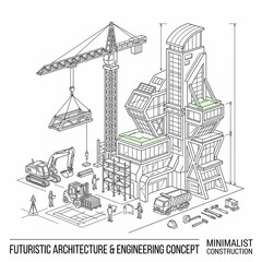 Fototapeta premium Minimalist Futuristic Architecture and Engineering Isometric Blueprint Design with Construction Crane