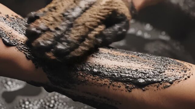 Close-up of hands applying mud mask to arm.