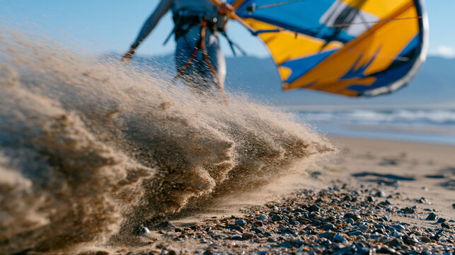 Kite surfer walking backward down a beach in high wind, bar in one hand, kite overhead in full power, sand blasting horizontally across the frame, wetsuit pressed flat, another kite surfer launching