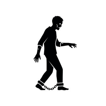 Silhouette of a zombie walking with chains on its ankles.