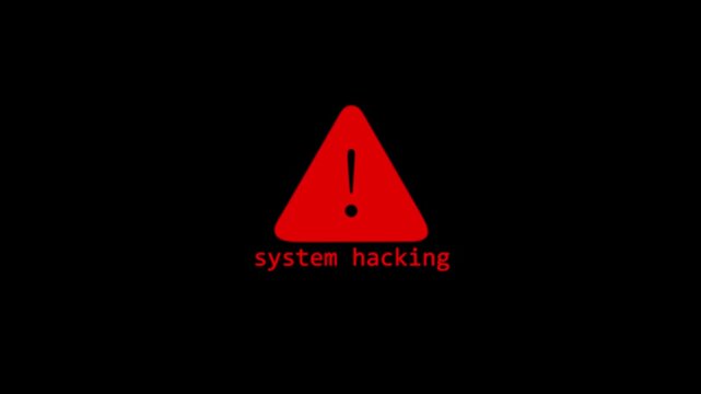 Animated red warning alert triangle icon with exclamation mark glowing on black background. Modern danger notification, caution sign, security alert and risk warning concept.