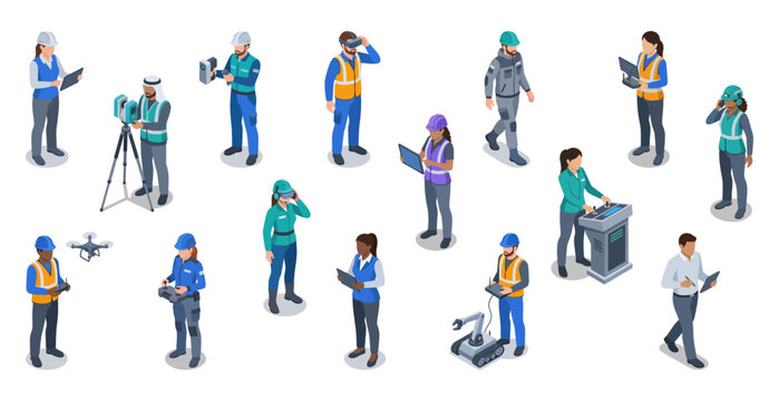 Isometric smart construction site workers using drone technology and digital devices | Vector illustration of civil engineering team