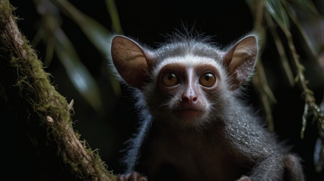 A close up portrait of a small nocturnal primate perched on a vine in the rainforest.